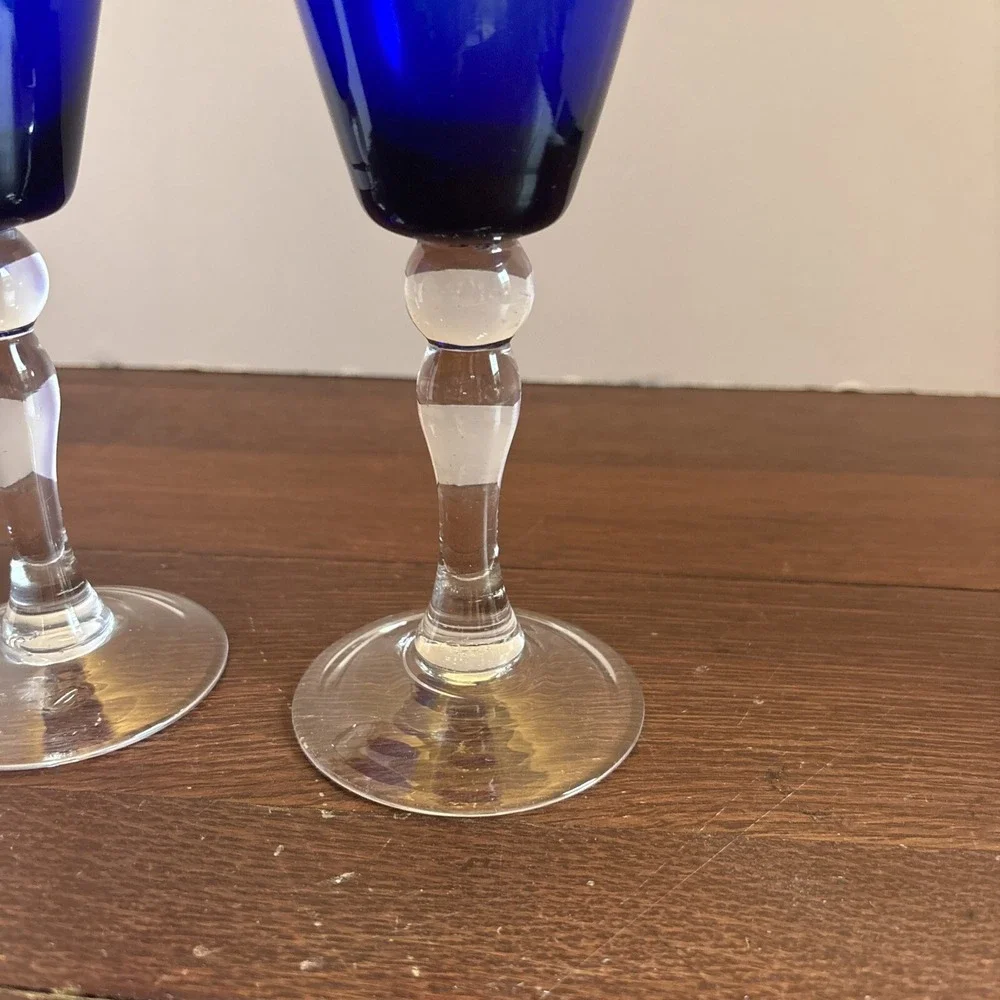 Vintage Hand Blown Cobalt Blue With Clear Stem  Water Wine Glass Set Of‎ 2